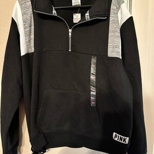 NWT VS PINK Quarter zip sweatshirt size Large black gray white